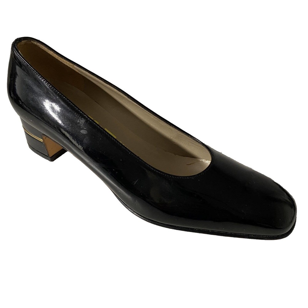 Salvatore Ferragamo Pump Patent Leather Black Block Heel 5 B Vintage Cla…
